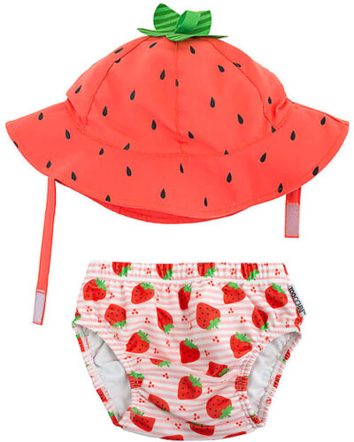 Set Baby Costumino Contenitivo + Cappellino, Fragola - UPF 50+ Taglia M 6/12 mesi - Zoocchini